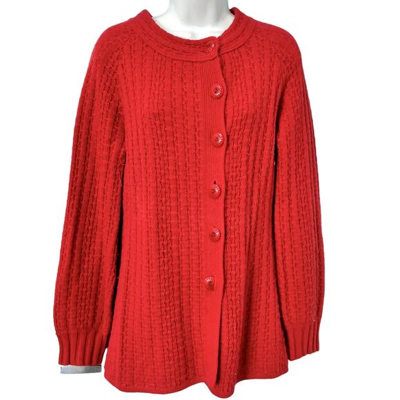 Anthropologie Tabitha Cherry Red Off Center Button Cable Knit Cardigan Sweater M - Picture 1 of 7